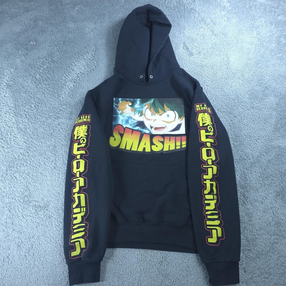 Funimation My Hero Academia Hoodie Mens Small Black Deku Smash Graphic Fleece
